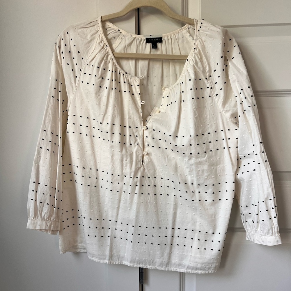 Talbots Petite L White Embroidered Peasant Blouse